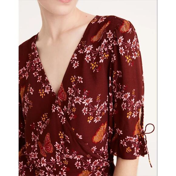 Madewell Tie-Sleeve‎ Wrap Top in Maroon Floral Butterfly Sanctuary Print, Size 2 - Picture 6 of 15